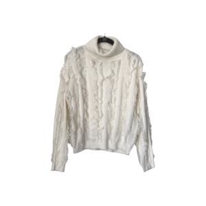 New Look Sweater Womens Size M White Fluffy Feather Turtleneck Long Sleeve Crop